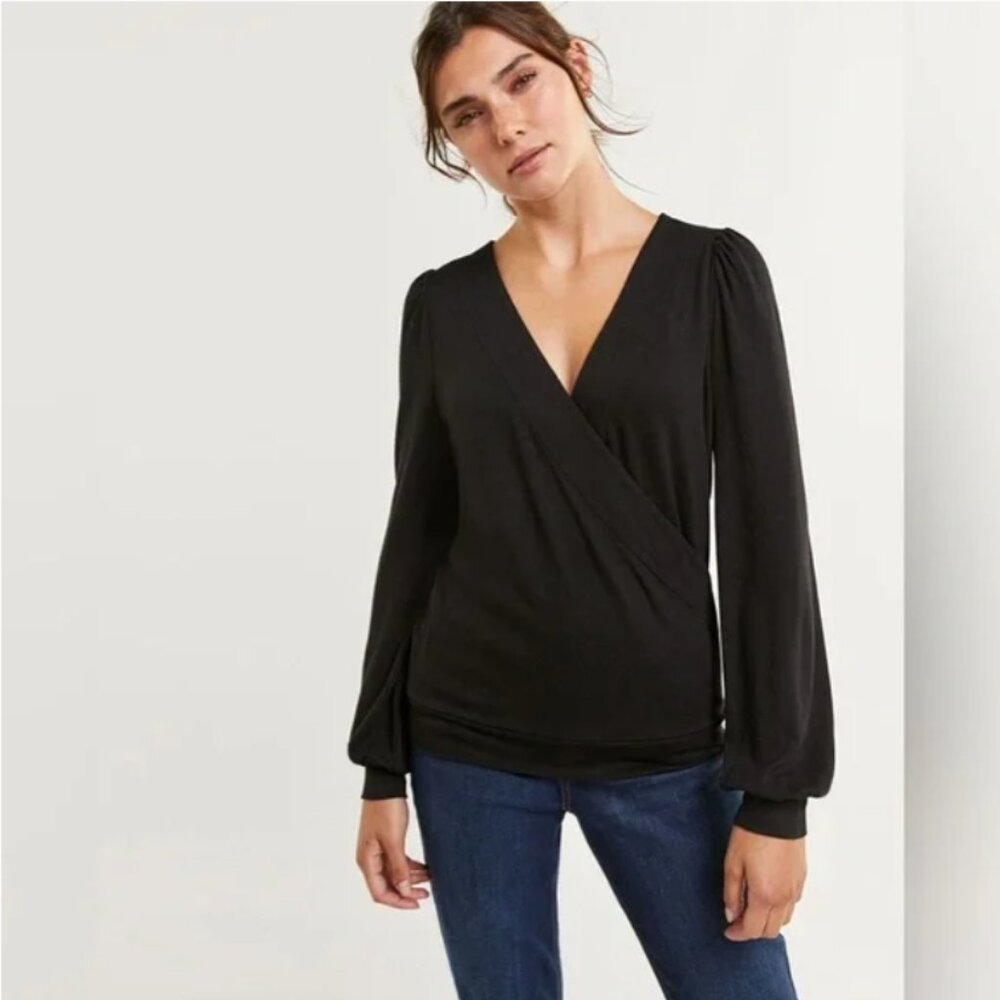 Reitmans | Long Puffed Sleeve, V Neck Faux-Wrap, Knit Top